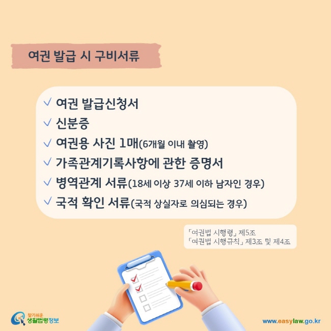 여권 발급 시 구비서류: 여권 발급신청서, 신분증, 여권용 사진 1매(6개월 이내 촬영), 가족관계기록사항에 관한 증명서, 병역관계 서류(18세 이상 37세 이하 남자인 경우), 국적 확인 서류(국적 상실자로 의심되는 경우) 
